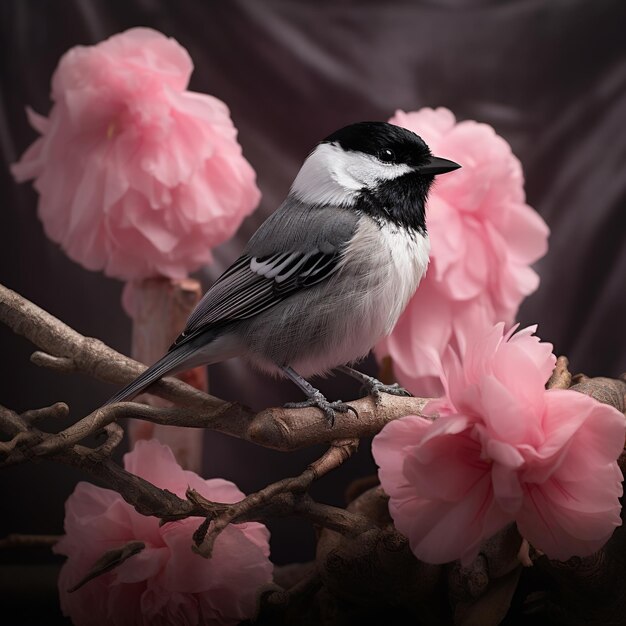 illustration of pink chiffon and lace and a black and white chickade