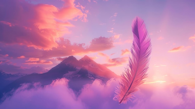 Illustration of pink feathers floating in the air next to a purple pink sky with clouds in the background of mountainsAi generated