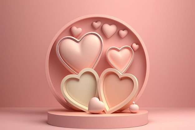 Illustration of a pink product stand with hearts on the theme of valentine's day in 3d style AI generation