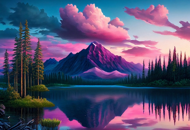 Illustration pink sunset over mountains lake Generative AI