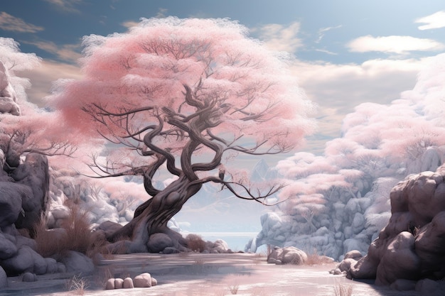 a illustration of a pink tree in a snowy landscape