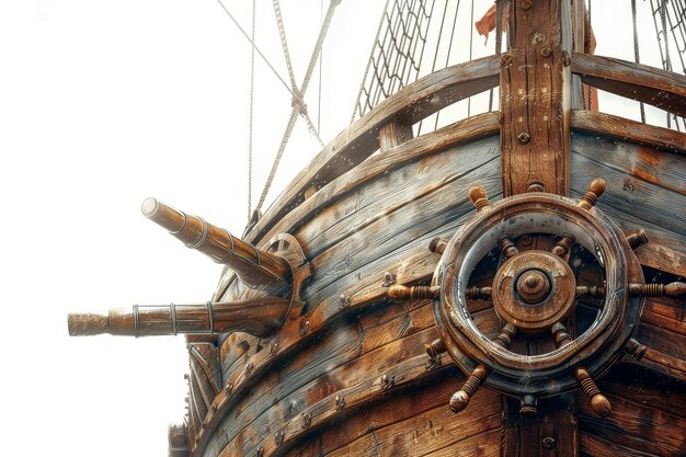 Photo an illustration of a pirate ships wooden helm stands boldly against a white background evoking the