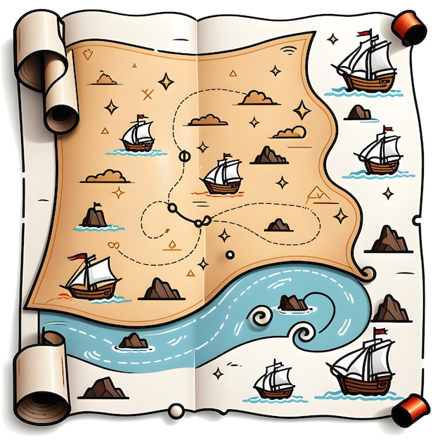 Illustration Of A Pirate Treasure Map With A Sailboat On Top