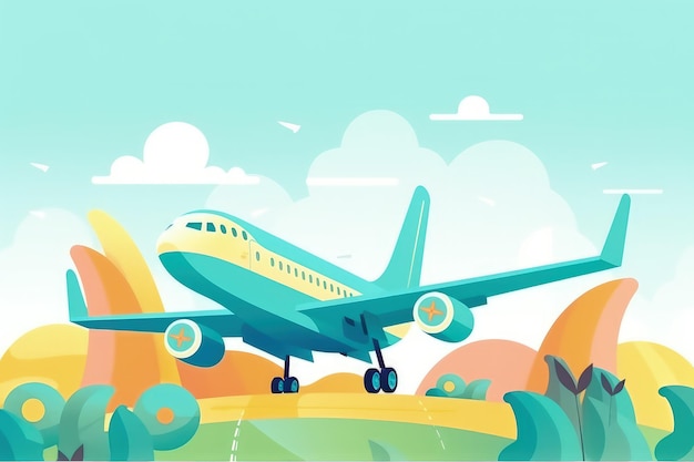 An illustration of a plane on a background of a colorful landscape.