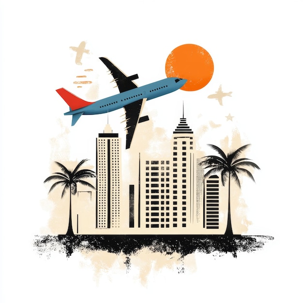 An illustration of a plane flying over a city skyline with palm trees and a sun The image is styled