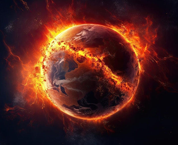 Illustration of the planet Earth burning Burning world earth