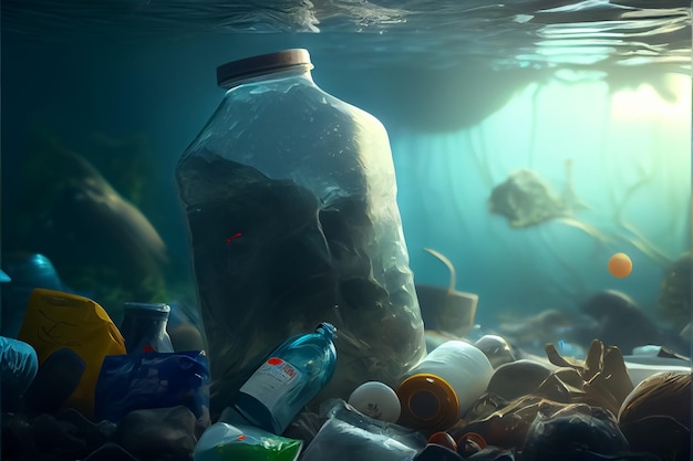 Illustration of plastic bottles waste floating in the sea water AI