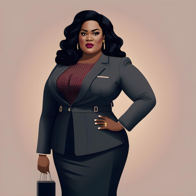 Illustration of plus-size lady beautiful female african american business woman CEO in a suit