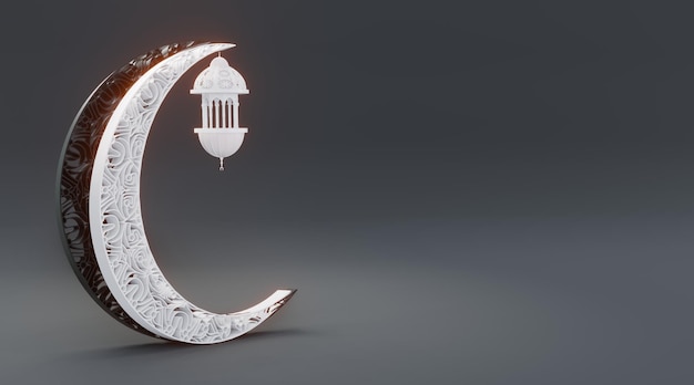 Illustration of Podium Mosque 3D Animated Rendering and Crescent Moon Characteristic of Muslim Islam