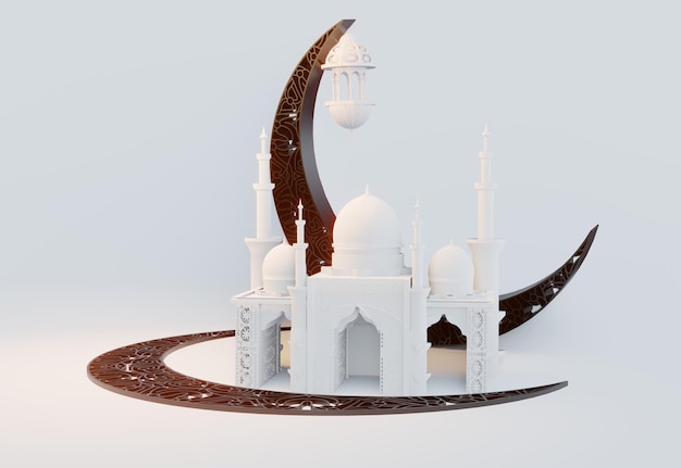 Illustration of Podium Mosque 3D Animated Rendering and Crescent Moon Characteristic of Muslim Islam