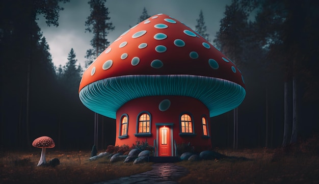 Illustration of poisonous mushroom housedwarf fairy housing from poisonous mushrooms generative ai