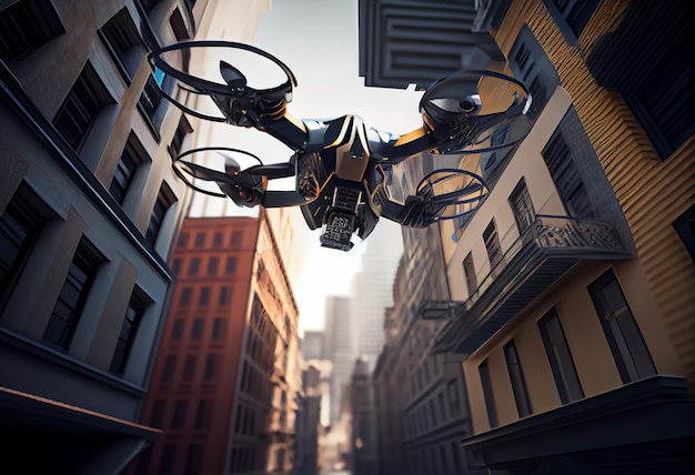 Illustration of police drone fly in city building background