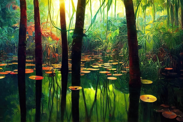 Illustration of Pond in the forest. Genrative AI