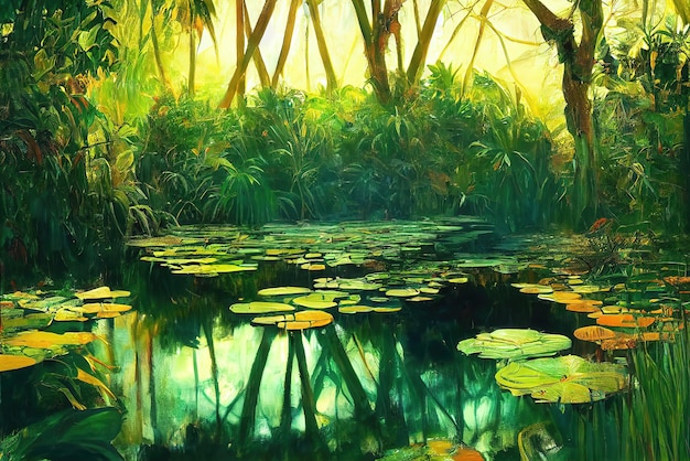 Illustration of Pond in the forest. Genrative AI