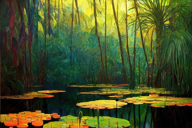 Illustration of Pond in the forest. Genrative AI