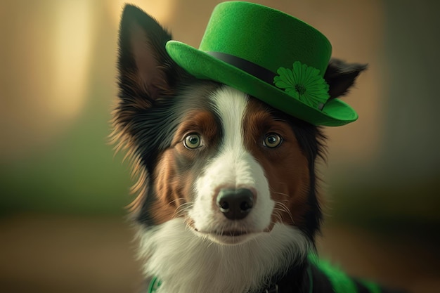 Illustration of a portrait of a cute dog in a green hat with a blurred background St Patrick's Day Concept AI generation