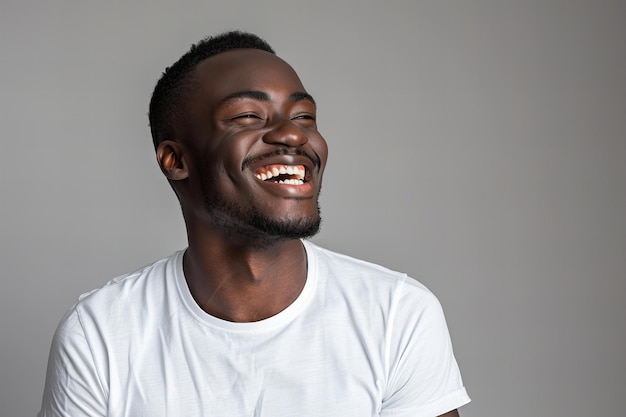 Illustration of portrait of happy african american man in white tshirt laughing isolated on grey bac