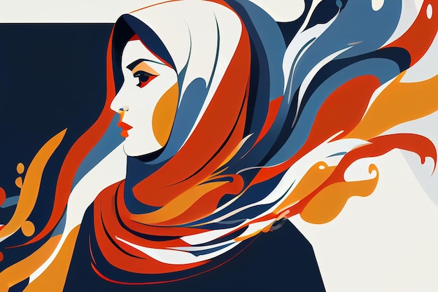 Illustration of portrait woman wear colorful hijab AI