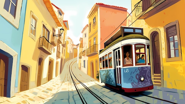 Illustration of a portuguese city with a tram Portugal