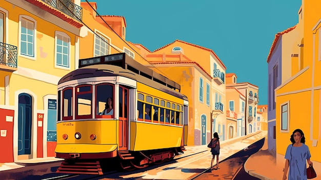 Illustration of a portuguese city with a tram Portugal