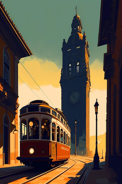 Illustration of a portuguese city with a tram Portugal