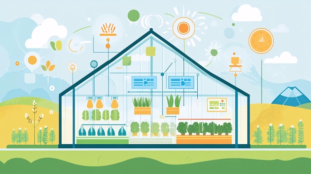 Photo an illustration of precision farming technology in action featuring a smart greenhouse the greenhouse is equipped with sensors that monitor temperature humidity and soil conditions all displayed