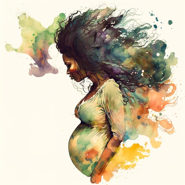 Illustration of a pregnant woman with a big belly drawing in a watercolor style