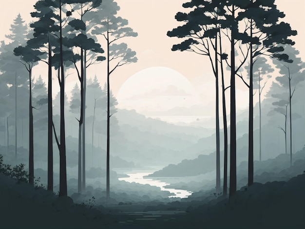 The illustration presents a minimalist and serene forest generative ai