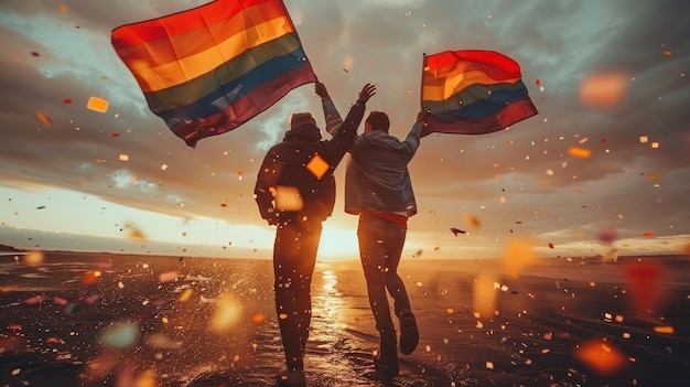 illustration of the pride flag is held in the hands of 2 girls and hugging art