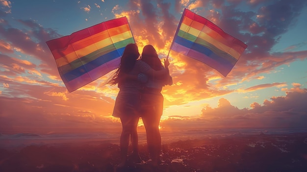 illustration of the pride flag is held in the hands of 2 girls and hugging art