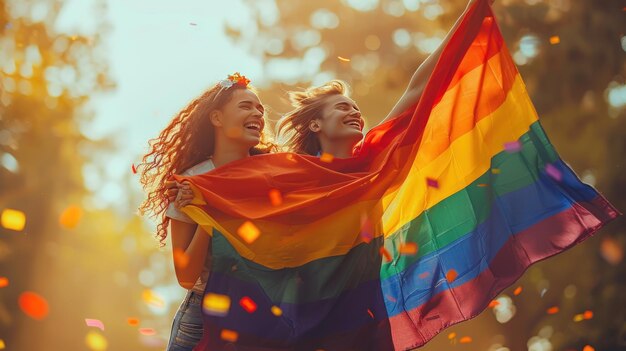 illustration of the pride flag is held in the hands of 2 girls and hugging art