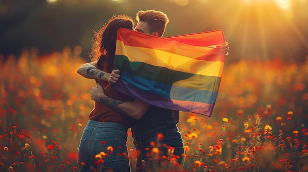 illustration of the pride flag is held in the hands of 2 girls and hugging art