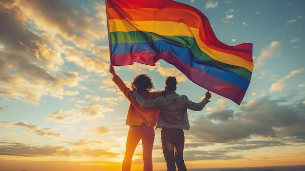 illustration of the pride flag is held in the hands of 2 girls and hugging art