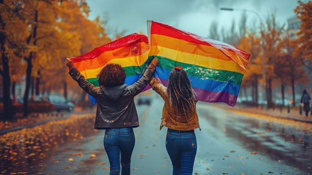 illustration of the pride flag is held in the hands of 2 girls and hugging art