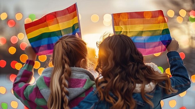 illustration of the pride flag is held in the hands of 2 girls and hugging art