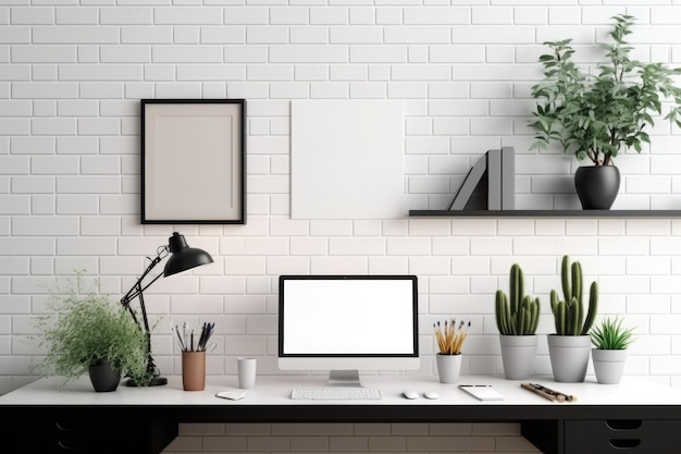 Photo illustration of product montage on modern working table over white brick wall