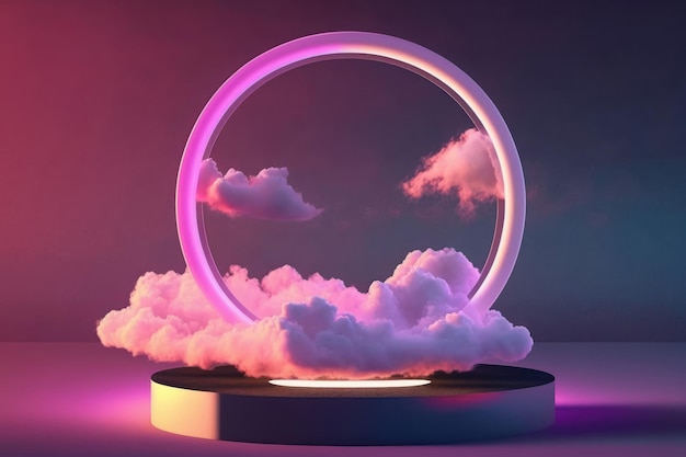 Illustration of a product scene with a neon circle and realistic clouds AI generation