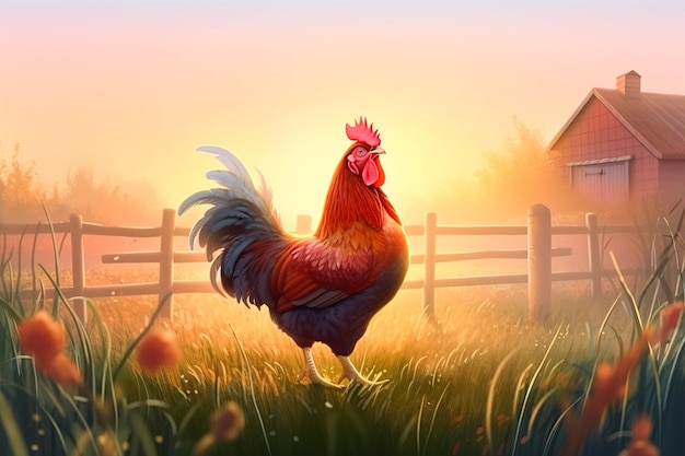 Illustration of a proud rooster crowing at sunrise against the background of a fence and sunrise