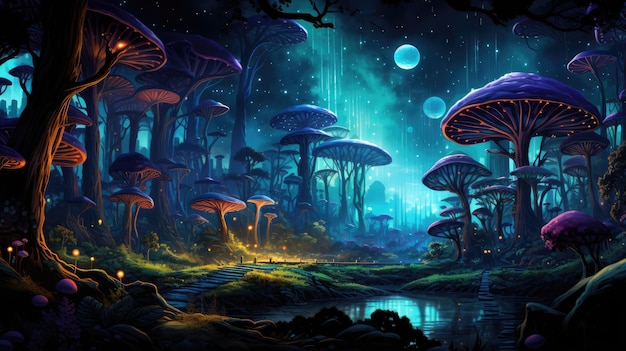 An illustration psychedelic journey through a mystical forest filled with vibrant colors glowing mushrooms and ethereal creatures