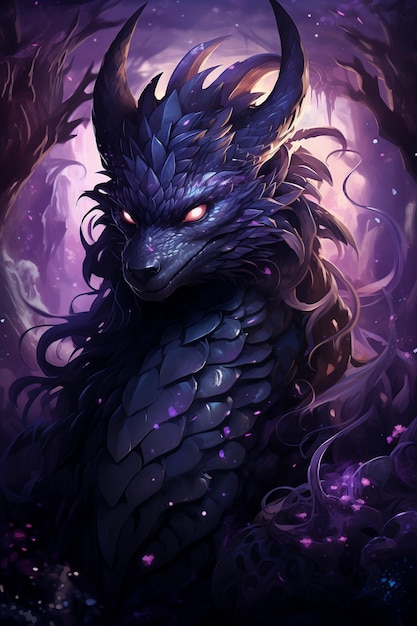 Illustration of a purple fantasy dragon Mythical formidable creature An ancient fairytale beast