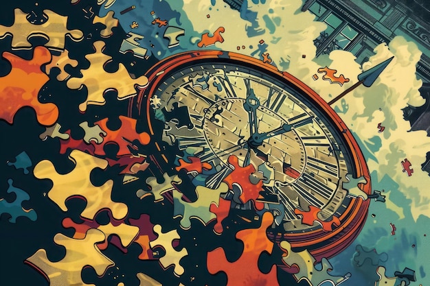 Illustration of a puzzle clock exploding