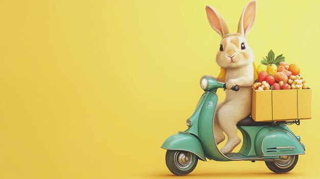 Photo illustration of a rabbit riding a scooter carrying fruit and sweets