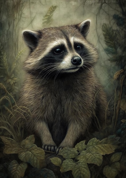 Illustration of a Raccoon in a fictional scenery for frame Wild animal concept art