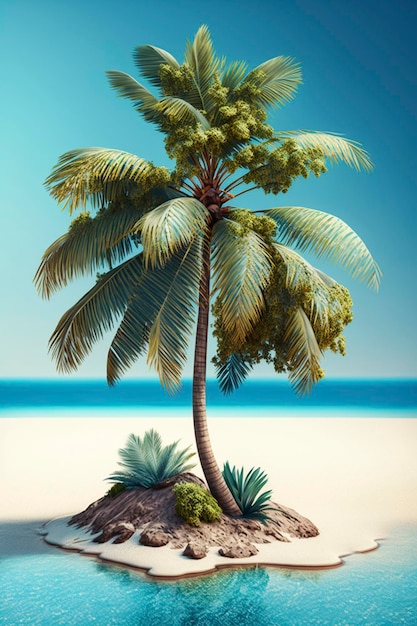 Illustration real coconut tree with beach blue sea and blue sky detail image