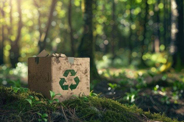 illustration of recycled cardboard box with recycle logo with green forest background