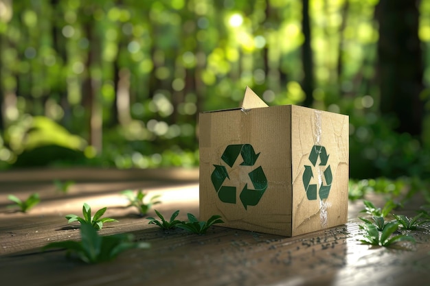 illustration of recycled cardboard box with recycle logo with green forest background