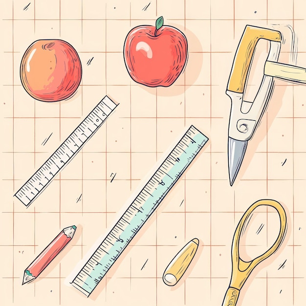 Photo illustration of red apples pencil compass eraser ruler and grid paper background