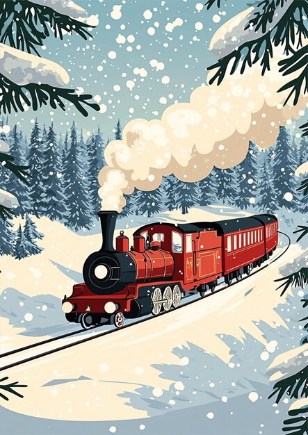 Photo an illustration of a red retro steam train traveling through a snowy forest