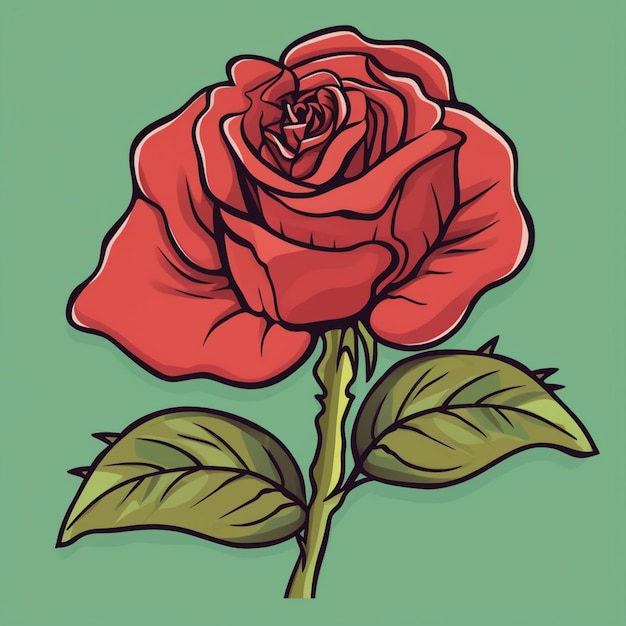 Illustration of a red rose with green leaves on a green background generative ai