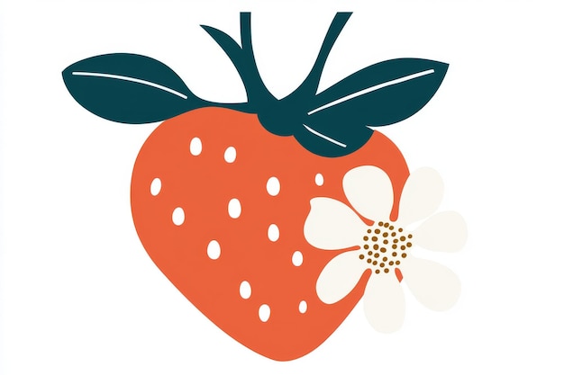 Photo illustration of a red strawberry with green leaves and blossoming flowers in a modern cartoon style